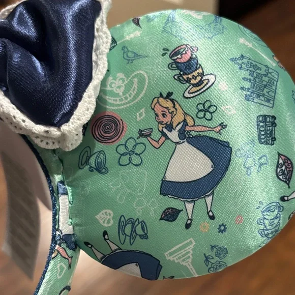 Alice in Wonderland Satin Disney Mouse Ears - Mint Green with Navy Bow - Picture 2 of 4